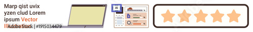 User experience, identity verification, digital tools, online reviews, customer feedback, performance ratings. Laptop, ID card and rating stars. User experience and identity verification concept