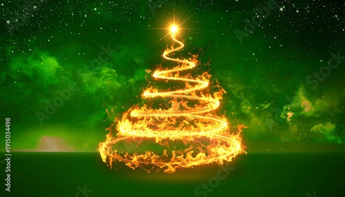 Burning Christmas Tree with Golden Lights.