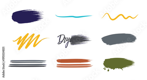 Collection of nine abstract brush stroke textures in various colors isolated on transparent background