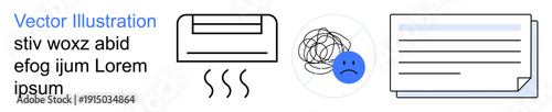 Climate control, emotional well-being, information exchange, communication tools, modern lifestyle, health care. Air conditioning unit, sad face with tangled thoughts document. Emotional well-being