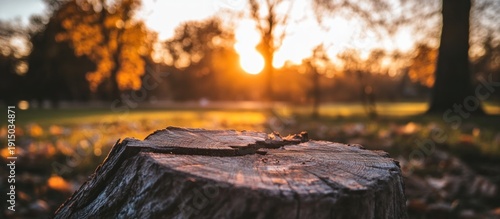 Close-up of a weathered tree stump with distinct textures, beautifully illuminated by the warm, soft light of a golden hour sunset, featuring a blurred autumn park and glowing bokeh in the background.
