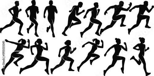 A collection of diverse black silhouettes depicting men and women running or sprinting with dynamic energy