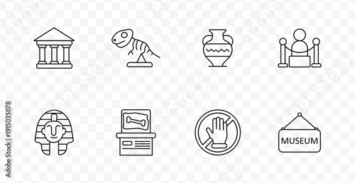 Museum set icon. Line icons showing building with pillars, dinosaur skeleton, ancient vase, exhibit with ropes, pharaoh mask, artifact case, do not touch sign, museum board