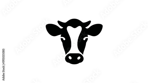 A minimalist depiction of a bovine head facing forward, black and white design on a plain background