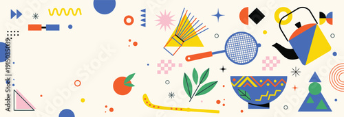 A vibrant abstract background showcasing kitchen tools and geometric shapes in a playful modern design style