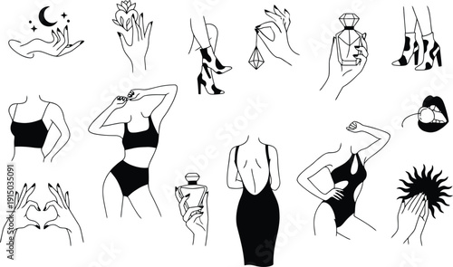 A collection of elegant minimalist line art illustrations depicting feminine beauty fashion and mystical elements
