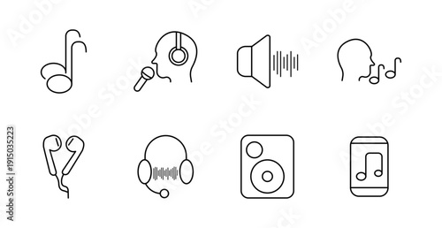Music and audio set icon. Note, person with headset, speaker with wave, singing head, earbuds, headset with wave, speaker box, music phone