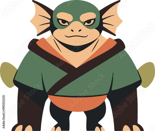 Cartoon creature with green mask and orange belt standing on white background monster character fantasy