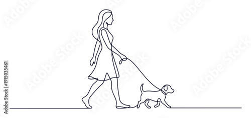 Girl walking dog continuous one line drawing. Minimalist vector outline illustration of young female with puppy on leash in side view.