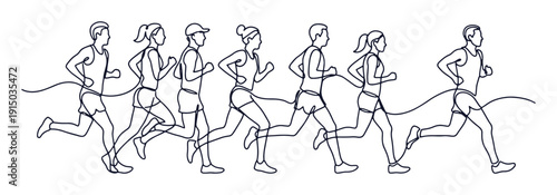 Group of runners continuous one line drawing. Minimalist vector outline illustration of male and female athletes jogging together.