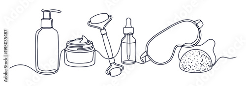 Skincare products continuous one line drawing. Minimalist vector outline illustration of cosmetic bottles, cream jar, dropper, face roller and sponge.