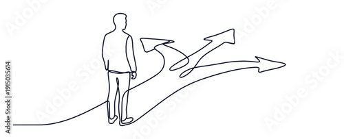 Man choosing direction continuous one line drawing. Minimalist vector outline illustration of male figure facing multiple arrows path options.