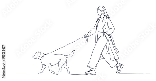 Woman walking dog continuous one line drawing. Minimalist vector outline illustration of female with pet on leash in casual stroll.