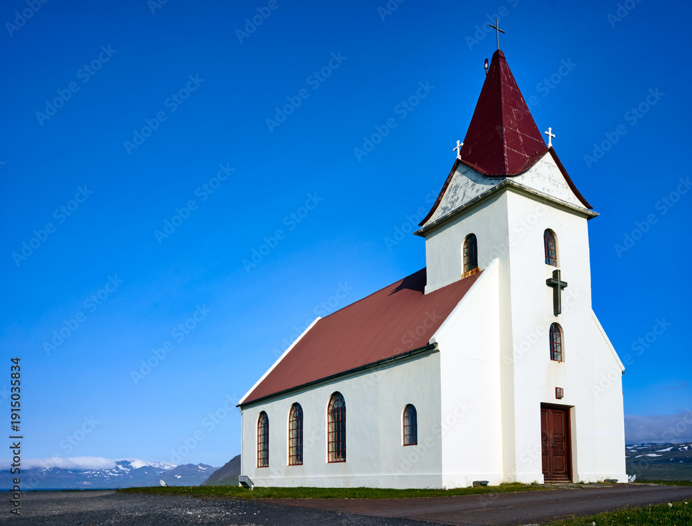 Naklejka premium Ingjaldsholskirkja church in Helissandur, Snæfellsnes