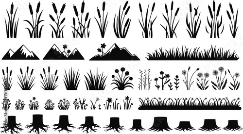 Black nature silhouette collection, reeds grass flowers and tree stumps with landscape elements, isolated botanical flat vector illustration set