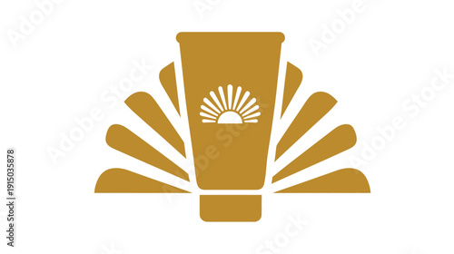 Golden-brown stylized image of a container, with fan-like rays behind, and a sunrise icon