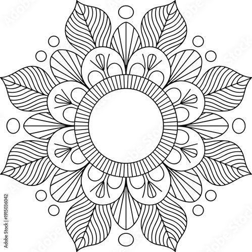 Floral mandala ornamental round pattern with leaves and petals decorative line art vector illustration