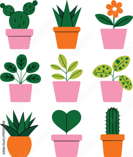 Cute potted houseplants collection with cactus succulents and leafy plants flat vector illustration set