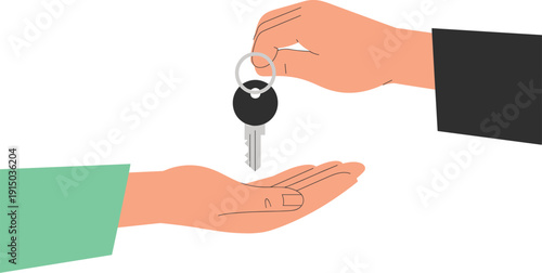 Hand giving house keys to another person property transfer real estate concept flat vector illustration