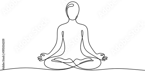 Minimalist continuous line drawing of a person sitting in a peaceful yoga meditation pose.