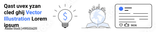 E-learning, financial literacy, content creation, global networking, social media influence, innovation. Light bulb with dollar sign, globe with book social media profile card. E-learning