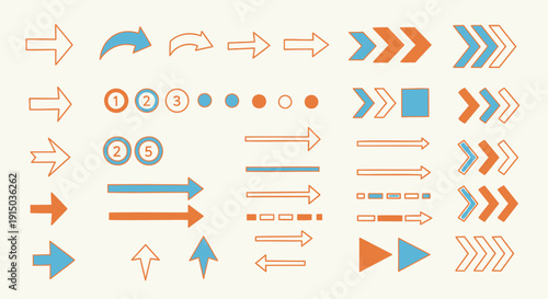 Collection of various colorful arrows and pointers in orange, blue, and beige on a cream background