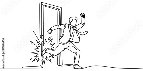 Businessman kicking down a door in a single line drawing style representing breakthrough or success.