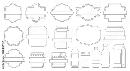 Vector set of various food and drink packaging outlines including bottles, cans, and containers isolated on transparent background
