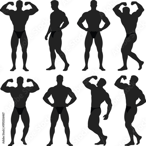 Bodybuilder silhouette collection, muscular male fitness poses set, bodybuilding competition figures, strong athlete icons, black flat vector illustration