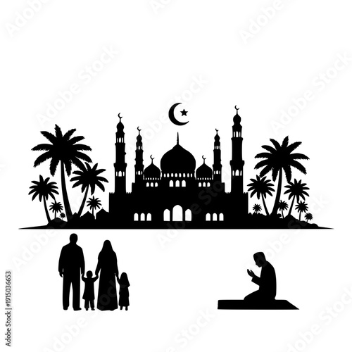 Tableau sur toile Islamic mosque silhouette with family and praying man