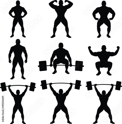 Bodybuilder silhouette set, muscular athlete lifting barbell and flexing poses collection, strength training concept, black flat vector illustration design