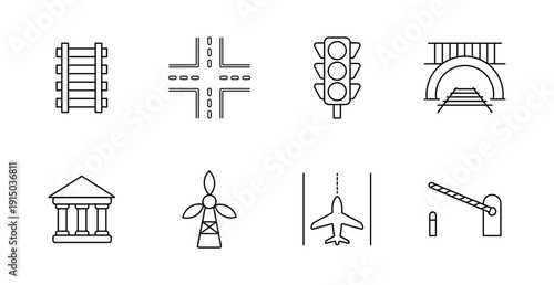 Infrastructure set icon. Railroad, road intersection, traffic light, tunnel, airport, wind turbine, gate barrier, transport, energy, city structure, terminal