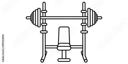 Weight bench with a loaded barbell on a power rack for bodybuilding and strength training.