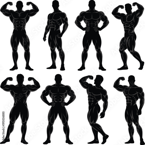 Bodybuilder silhouette set, muscular male bodybuilding poses collection, fitness competition athlete figures, strong body icons, black flat vector illustration