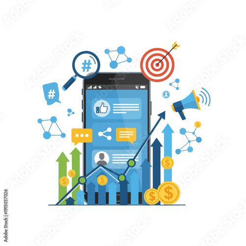 Digital marketing strategy with mobile phone and analytics.