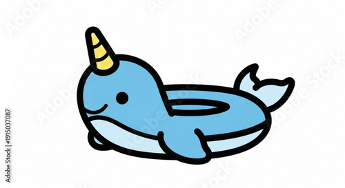 Blue Narwhal Unicorn Float Swimming in Water Isolated on White