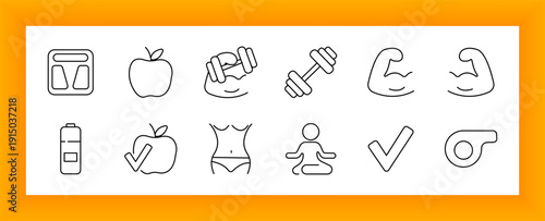 Fitness set icon. Dumbbells, flexing arms, scale, apple, yoga, whistle, body silhouette, energy bar, check marks, and workout symbols for health and training.