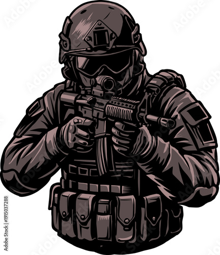 Tactical Soldier Aiming Rifle Dark Monochrome Vector Illustration