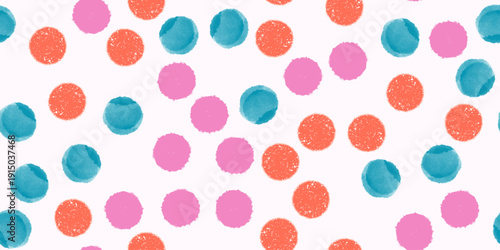 Seamless watercolor dot pattern in vibrant coral, pink and teal on white. Playful translucent spots with textured edges. Ideal for children’s apparel, packaging, and cheerful lifestyle branding
