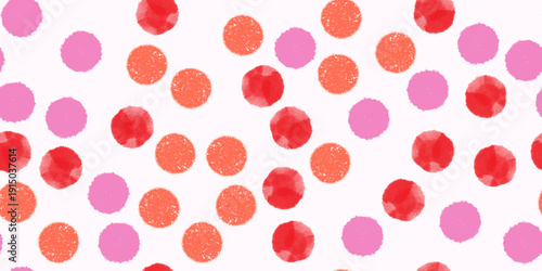Seamless watercolor dot pattern in warm coral and soft pink on white. Textured translucent circles with hand-painted charm. Perfect for feminine fashion, beauty packaging and delicate stationery