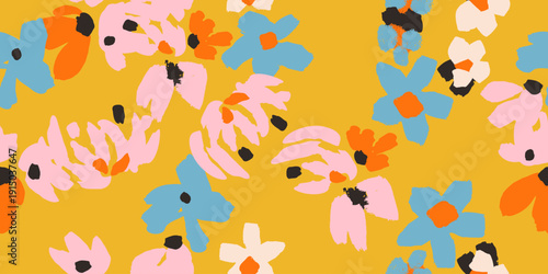 Seamless floral vector pattern with bold abstract blooms in pink, blue, orange and cream on a warm mustard background. Perfect for summer fashion, accessories and lively branding