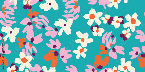 Seamless floral vector pattern with abstract blossoms in cream, pink, orange and deep plum on a vivid teal background. Ideal for resort wear, home textiles and expressive lifestyle branding