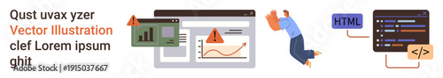 Data analysis, programming, web development, error handling, technology education, information processing. Graphical interface, warning symbols and HTML code visuals. Data analysis and programming