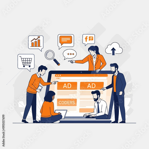 Team collaborating on digital advertising campaign with coders and marketers.