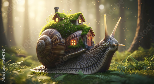 A magical snail carries its mossy, glowing house through a sunlit forest, a whimsical journey in nature