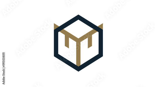 Modern design featuring a stylized geometric shape within an outer frame, in shades of brown and dark blue on white