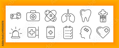 Medical set icon. Ambulance, kit, patch, lung, tooth, checklist, hospital, heart, head, cross, app, alert, emergency, medicine, health
