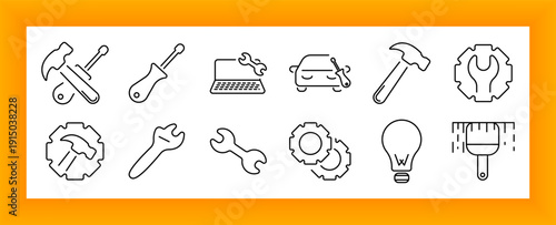 Maintenance set icon. Screwdriver, wrench, gear, hammer, laptop, car, brush, idea, tool, repair, service, system, mechanic, engineering, work