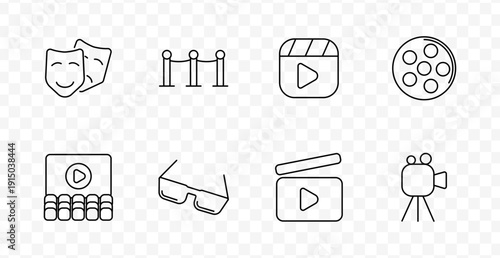 Film production set icon. Theater masks, red rope barrier, clapboard, film reel, audience screen, 3D glasses, play clapper, video camera in cinema filmmaking line style.