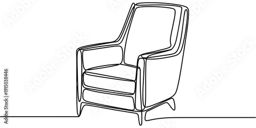 A simple continuous line drawing of a comfortable mid-century modern armchair on a white background.